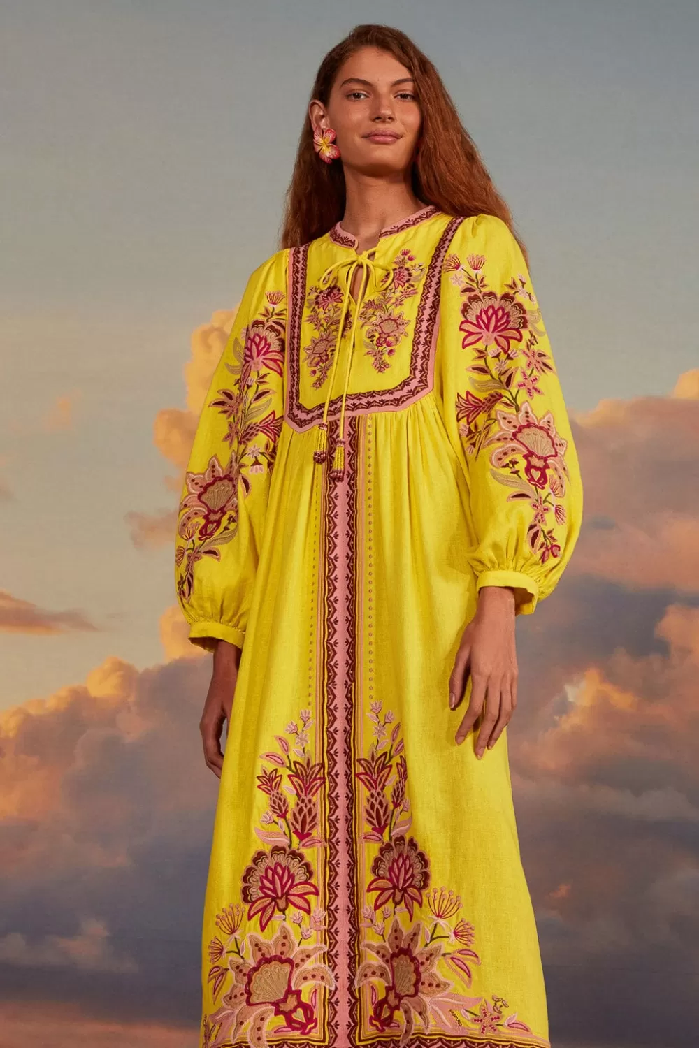 Robe midi jaune à tapisserie de jardin brodée^FARM Rio  Flash Sale