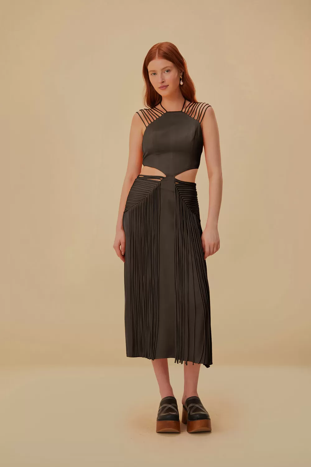 Robe midi marron sans manches à franges^FARM Rio  Outlet