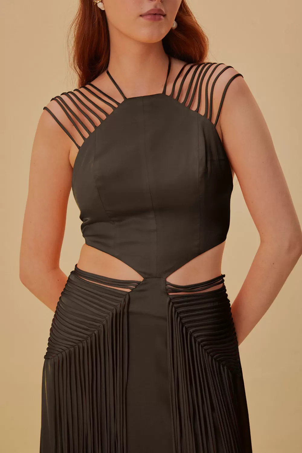 Robe midi marron sans manches à franges^FARM Rio  Outlet