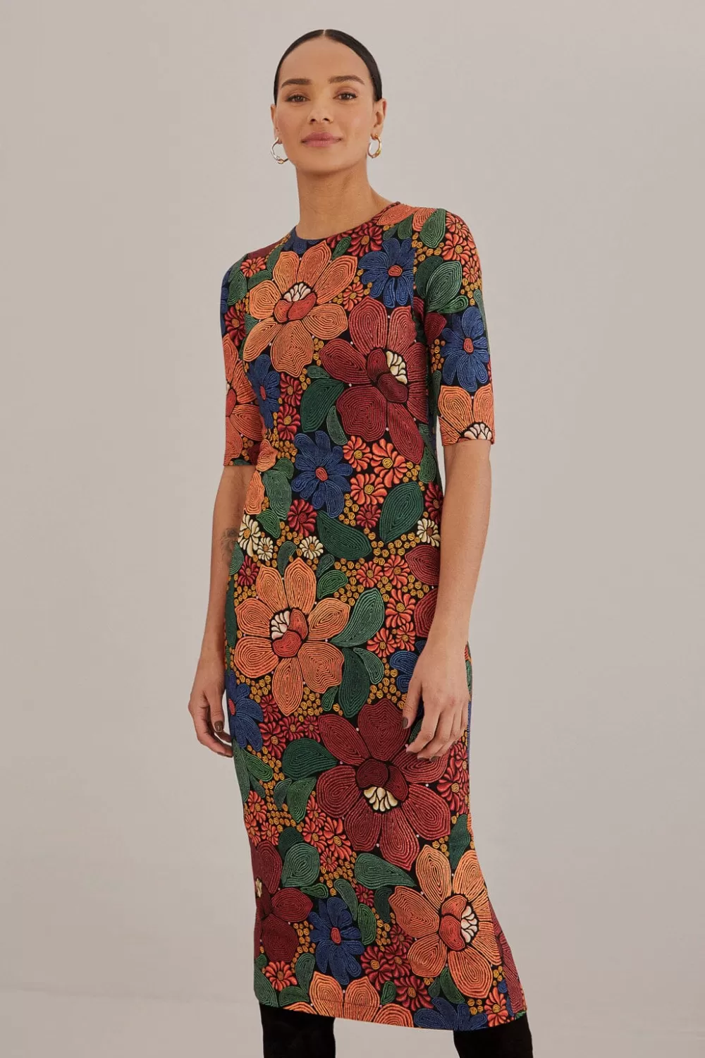 Robe midi noire en viscose Lenzing™ Ecovero™ à fleurs cousues^FARM Rio  New