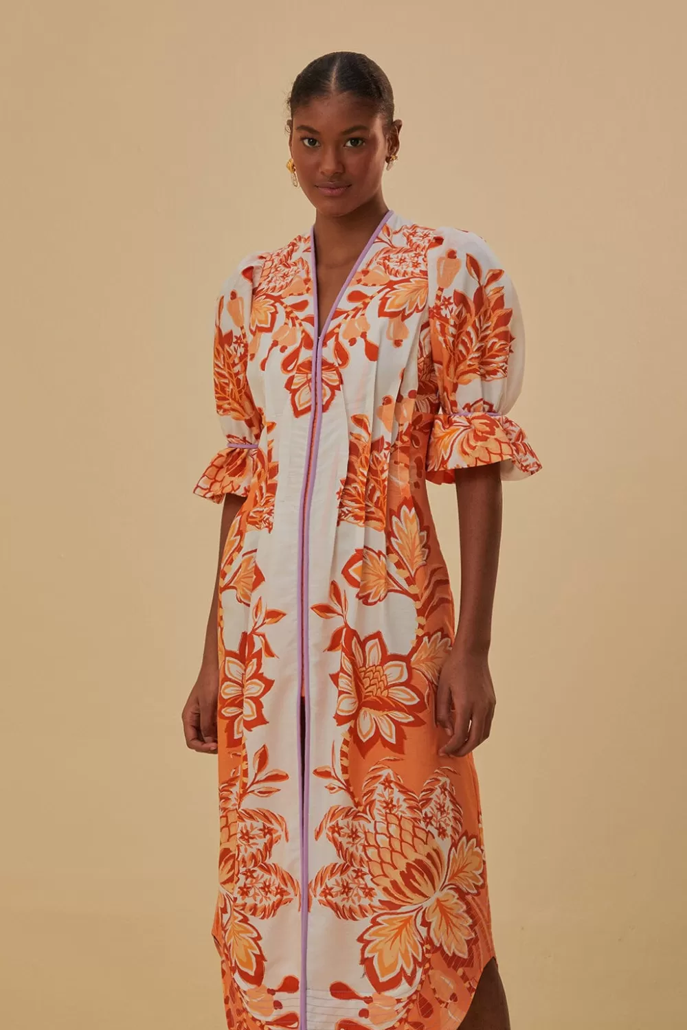 Robe midi orange Aura à col en V^FARM Rio  Clearance