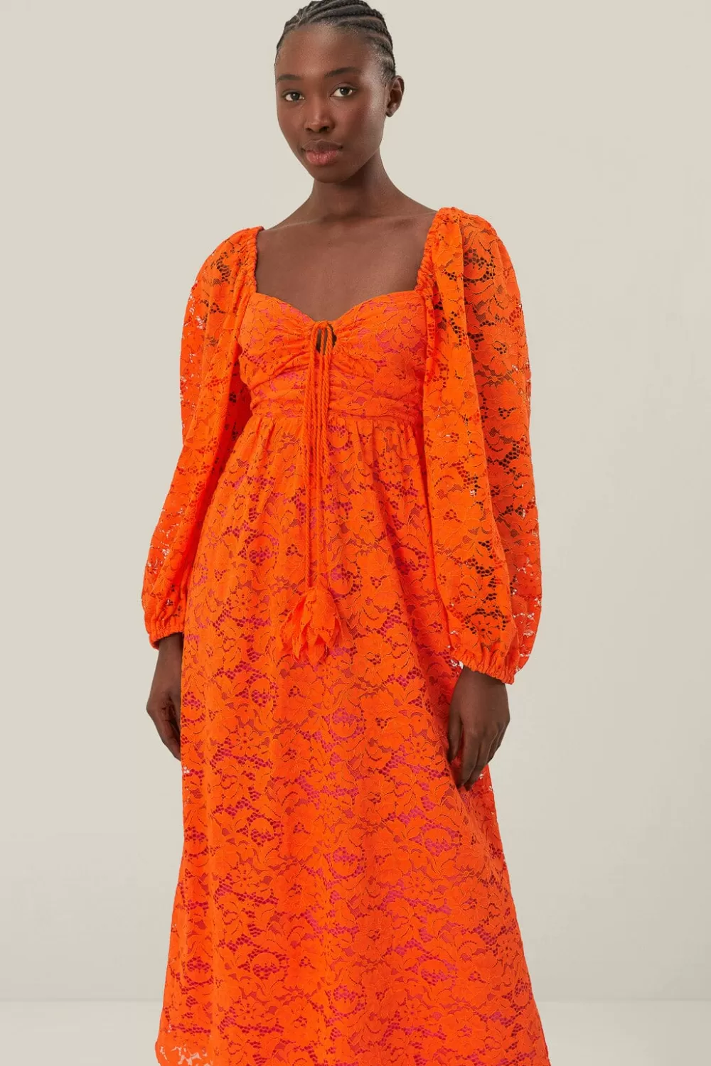 Robe mi-longue à manches longues en dentelle orange^FARM Rio  Cheap