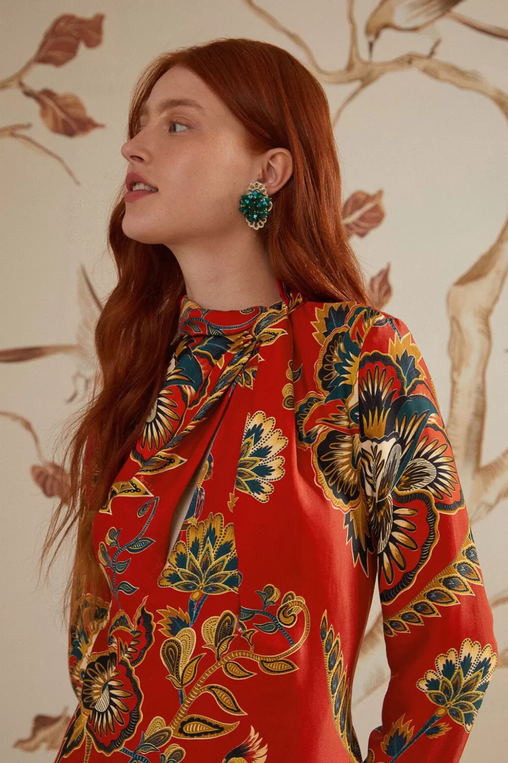 Robe mi-longue rouge à découpes fleuries en viscose LENZING™ ECOVERO™^FARM Rio  Cheap