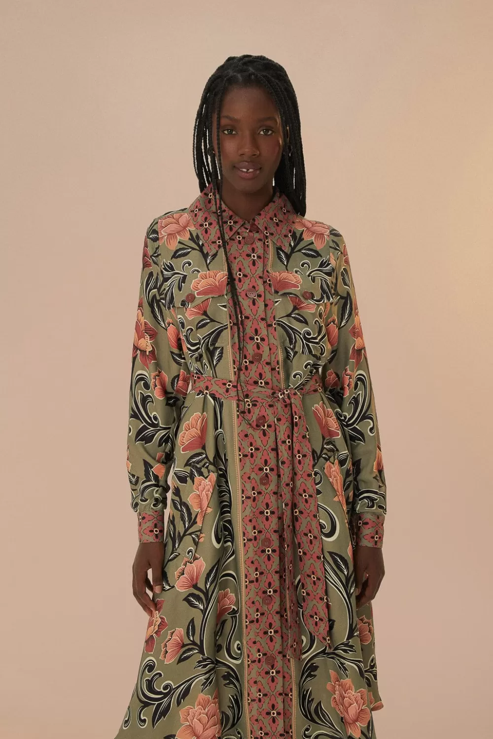 Robe mi-longue verte à imprimé floral arabesque^FARM Rio  Store